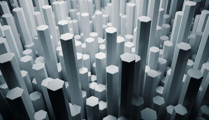 Abstract image of numerous gray hexagonal columns, creating a dense, textured field.  Represents modern architecture, geometric design, or technological advancement