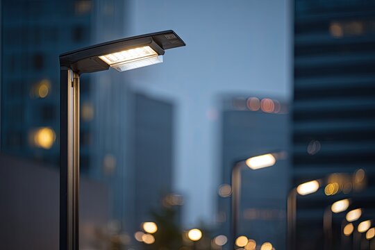 Illuminated lamp post in city at dusk. Blurry urban buildings in background