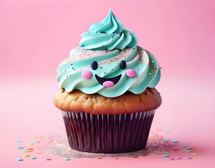 Cupcake with ice cream and smile on the pink background