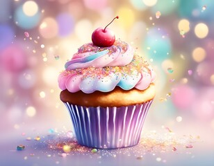 Cupcake with cherry, pink frosting and sprinkles isolated