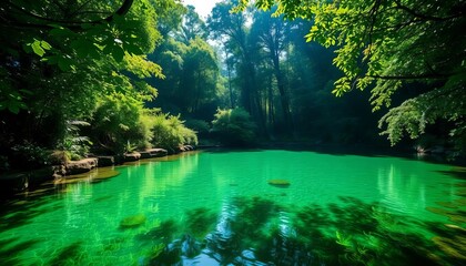 Obraz premium Emerald green pool nestled amongst lush trees, sunlight dappling the water, shadow, swimming