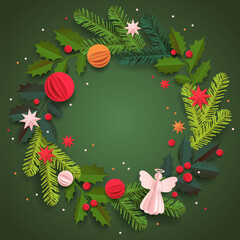Paper cut template. Square Christmas vector greeting card. Christmas tree, balls, and a decor isolated on a green background. Winter frame for holidays with place for text.
