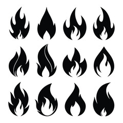 Vector Flame Icons Set – Black Fire Symbol Silhouettes for Graphic Design