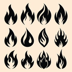 Vector Flame Icons Set – Black Fire Symbol Silhouettes for Graphic Design