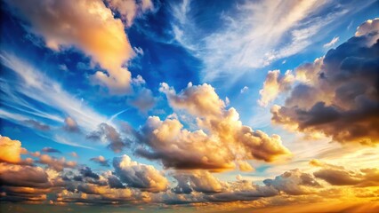 Softly glowing blue sky with wispy white clouds and a few scattered dark cumulus clouds against a bright warm background