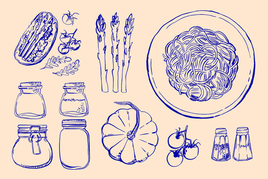 Hand drawn line food illustration vector. Vegetables and herbs, spices. Farm food. Healthy eating