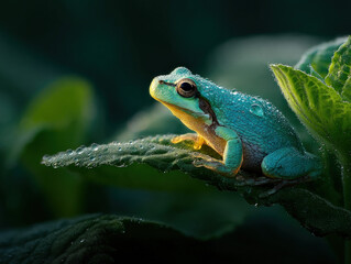 Obraz premium A small froglet climbing on a leaf or pond edge