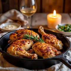 Roast chicken thighs with herbs served in skillet with wine and candles  
