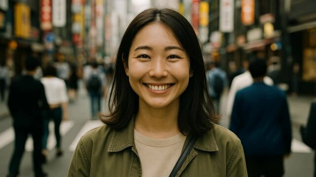 A woman smiles at the camera in a bustling city street. The video captures a close-up, eye-level angle, highlighting urban life and energy.
