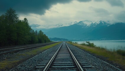 Fototapeta premium Railroad tracks extend into a mountain vista