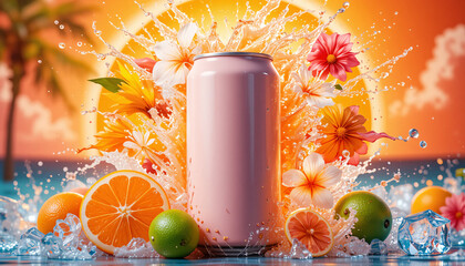 Pink Tropical Beverage Can Citrus Flower Splash, Orange Lime Fruit Drink Mockup, Summer Ice Drink Concept, Refreshing Branding Template