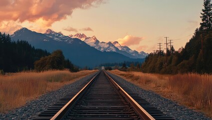 Fototapeta premium Golden hour vista of mountain range, train tracks stretching into distance