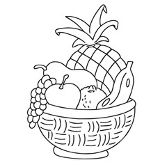 Cute cartoon hand drawn vector fruits basket outline.