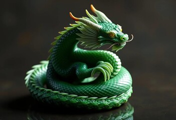 Fototapeta premium Serene jade dragon coiled, intricate detail, peaceful pose, dragon statue, chinese art