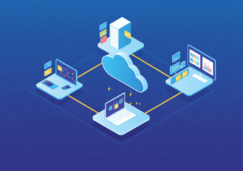 Cloud computing and data transfer illustration showing interconnected laptops and server technology