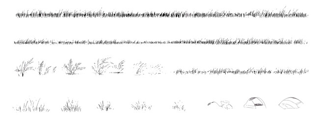 Grass line set, turf edging for elevation, minimal section side view, isolated on white, vector illustration, ground cover, cad element, architecture lawn banner, cutout, garden concept.