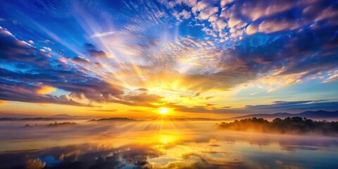 Obraz premium A serene sunrise over a tranquil landscape with hues of golden light and blue-purple tones softly merging into each other in the sky