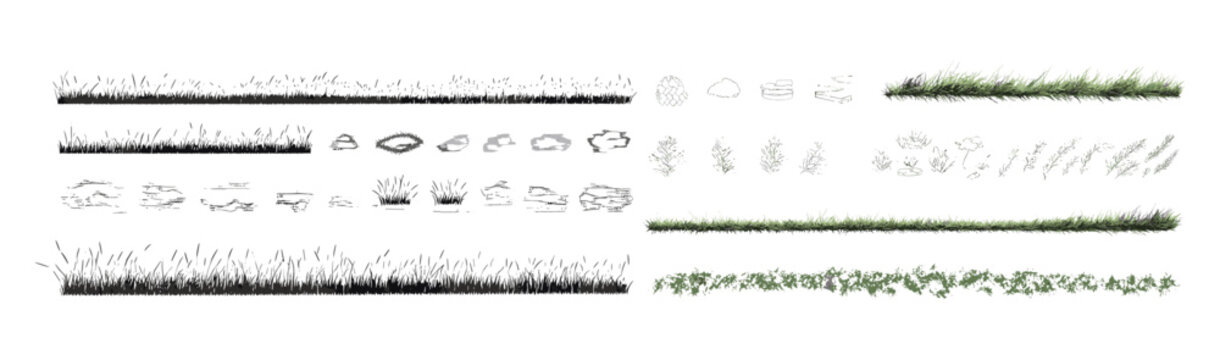 Minimal grass cad line set, ground turf coating section, isolated side view on white, vector illustration, elevation landscape border, gardening edge banner, lawn architecture, png.