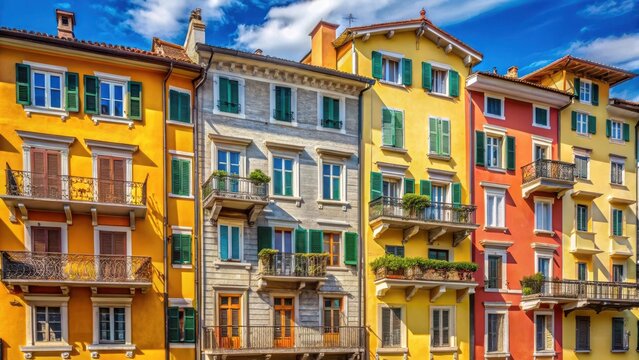 Traditional Muggia houses with colorful balconies and ornate architecture in Trieste