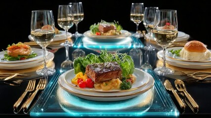 Gourmet Cuisine: A close-up shot showcases an exquisite dining experience, featuring artfully plated gourmet dishes, complemented by sparkling wine and elegant glassware, all set against a sleek.