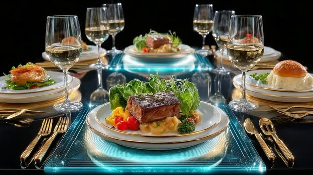 Gourmet Cuisine: A close-up shot showcases an exquisite dining experience, featuring artfully plated gourmet dishes, complemented by sparkling wine and elegant glassware, all set against a sleek.