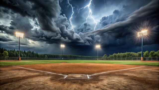 Baseball field under stormy grey sky with dark clouds and lightning flashing in the distance
