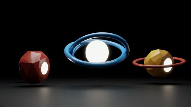 Abstract 3D geometric shapes with illumination on dark background  