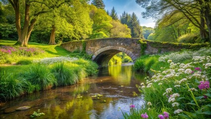 Fototapeta premium Ancient stone bridge spanning a serene brook in lush countryside