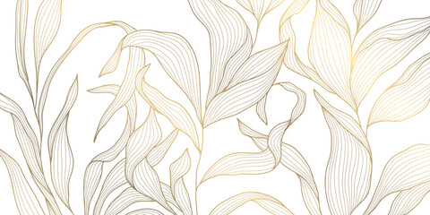 Vector line gold on white leaves, flower art, tea elegant pattern. Art deco, japanese floral luxury illustration. Wave jungle, tree branch summer motif.