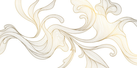 Vector line gold on white leaves, flower art, tea elegant pattern. Art deco, japanese floral luxury illustration. Wave jungle, tree branch summer motif.