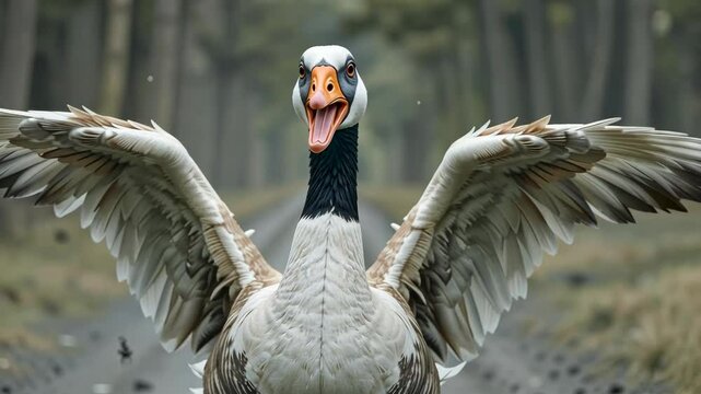 Close-up of white goose with open beak and spread wings on forest background. Concept of natural bird behavior and vocalization