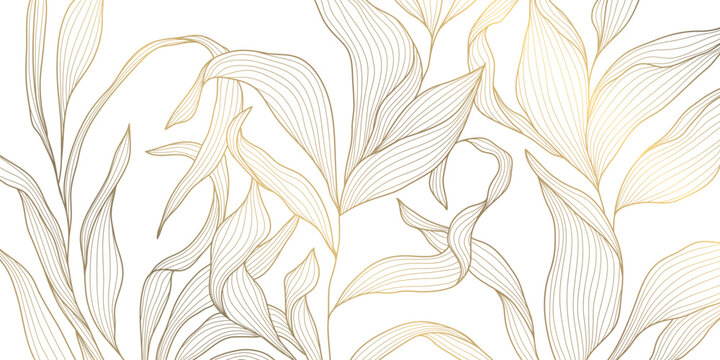 Vector line gold on white leaves, flower art, tea elegant pattern. Art deco, japanese floral luxury illustration. Wave jungle, tree branch summer motif.