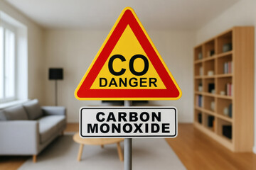 DANGEROUS CARBON MONOXIDE - Indoors Air Quality concept with home interior and alert signboard
