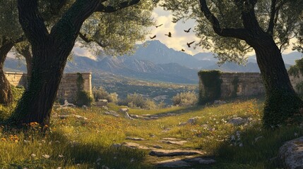 Serene Mediterranean Vista:Ancient Ruins and Olive Groves