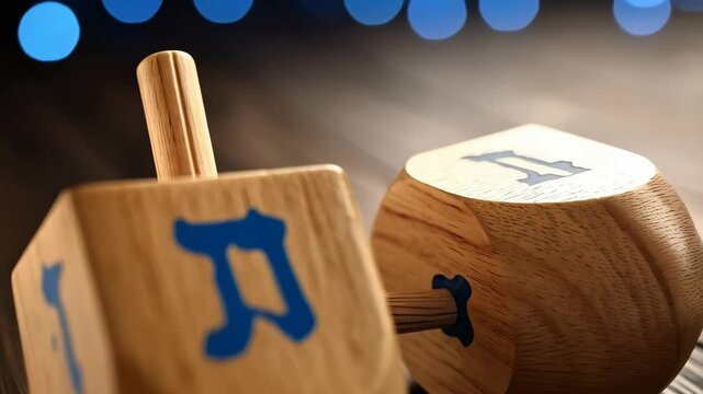 Close-up of two wooden dreidels with Hebrew letters on a wooden surface and bokeh lights in the background, holiday theme.