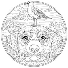 A dog and a seagull on her head in a round frame.Coloring book antistress for children and adults. 