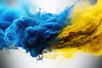 Abstract swirling blue and yellow smoke or ink cloud against a white background