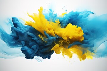 Abstract explosion of blue and yellow ink creating dynamic and colorful artistic designs