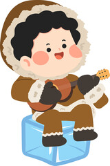 Cartoon of Inuit Boy Playing Ukulele music