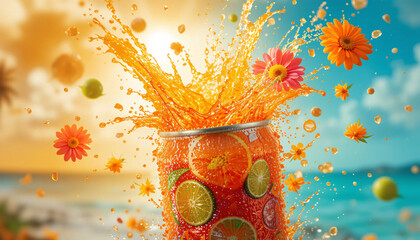 Tropical Citrus Splash Drink Can Explosion with Orange Juice, Limes, Summer Flowers, and Sunset Beach Vibes Refreshing Beverage Art