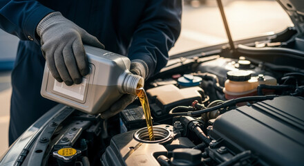 Mechanic Pours Oil Into Car Engine During Service With Automotive Tools
