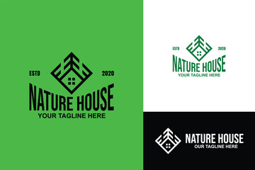 Square Outdoor nature house line art logo design vector illustration