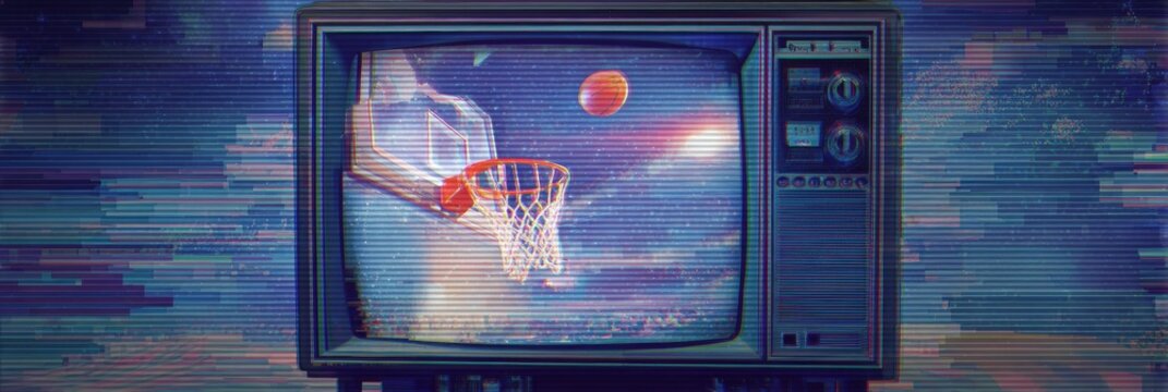 Retro VHS Effect Captures Buzzer Beater Shot With Glitchy Background and Clear Right Zone During a Thrilling Basketball Match - Powered by Adobe
