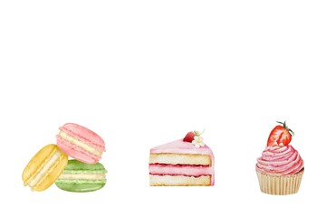 Watercolor of dessert set on white background. Collection of isolated desserts 