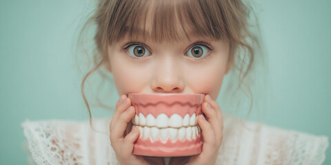 Girl with blond hair holds pink teeth model, showcasing dental care education concept