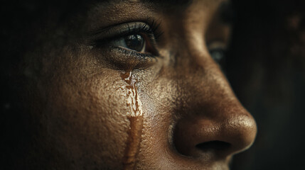 Naklejka premium Close-up of a tear rolling down a person's face, showcasing skin texture and emotion, representing sadness, grief, or vulnerability