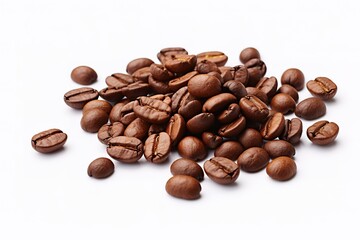 Naklejka premium Freshly roasted coffee beans scattered on a white background for beverage advertising