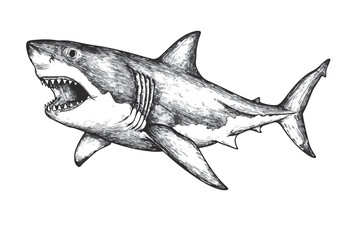 Obraz premium Great White Shark, engraving , hand drawing line art, vector illustration, isolated on background