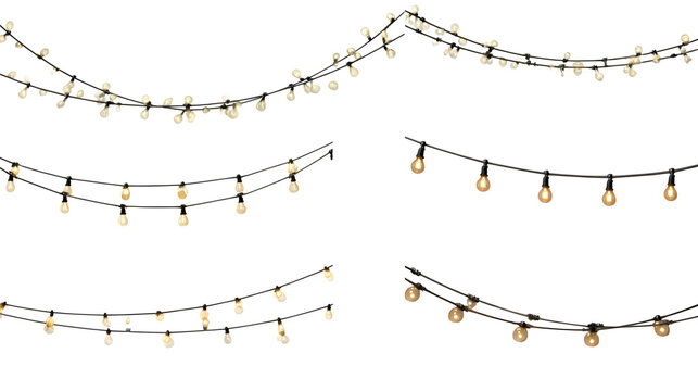 Set of isolated string lights variations, top view, 8K