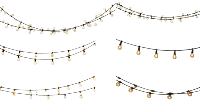 Set of isolated string lights variations, top view, 8K